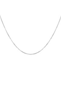 Zilveren ketting met een elegante, platte design en een vierkant schakelpatter. Gepolijste afwerking zorgt voor een glanzend, reflecterend oppervlak.