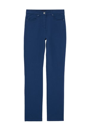 Marineblauwe broek van zacht materiaal, met een standaard vijf-pocket ontwerp, ritsluiting en een enkele knoopsluiting.