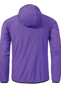 Lila leichte Jacke mit Kapuze, die eine glatte, glänzende Textur, elastische Bündchen und einen schwarzen Saum sowie Ärmelbesatz aufweist.