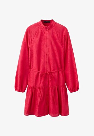 Red long-sleeve dress with button front, subtle floral pattern, gathered waist with tied belt, and tiered skirt on white background.