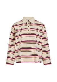 Lange mouwen polo shirt in crème, met horizontale strepen in bordeaux, roze en bruin. Drieknoops sluiting en zachte textuur.