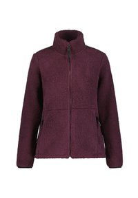 Fleece jack in dieppaars met een hoge kraag, ritssluiting aan de voorkant en twee zijzakken, voorzien van een gestructureerde stof voor warmte.