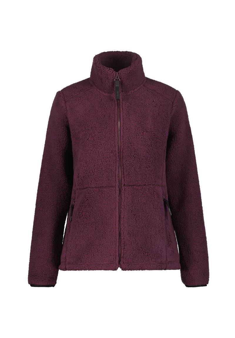 Fleece jack in dieppaars met een hoge kraag, ritssluiting aan de voorkant en twee zijzakken, voorzien van een gestructureerde stof voor warmte.