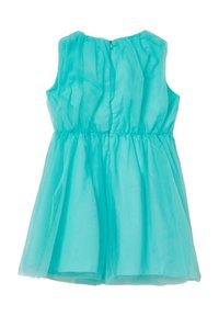 Türkises, ärmelloses Kleid aus transparenter Stoff mit geraffter Taille und Reißverschluss im Rücken. Der Rock ist ausgestellt und verfügt über sanfte, fließende Schichten.