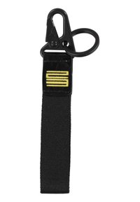 Black fabric keychain with a clip and ring, featuring a black and yellow graphic design. Simple, flat shape with a smooth texture.