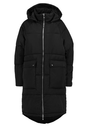 Svart puffjacka med huva, lång design, dragkedja framtill, två ytterfickor och en svagt böjd fåll. Har en kviltad yta.