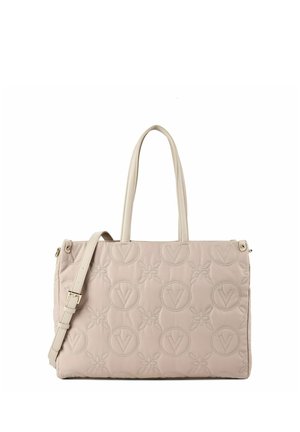Beige rechteckige Handtasche mit zwei Henkeln und abnehmbarem Schulterriemen, mit gesteppter runder und floraler Musterung über die gesamte Tasche.
