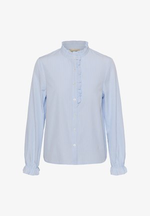 Világoskék hosszú ujjú ing fehér függőleges csíkokkal, fodros gallérral, elöl gombos záródással és összegyűrt mandzsettával a kényelmes viseletért.