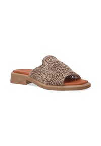Fletet beige stof slide sandal med åben tå, polstret brun indersål og en lav, chunky tan gummihæl. Har et struktureret mønster.