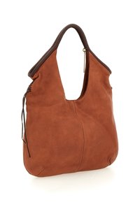 Borsa a spalla in pelle marrone con profili scuri, manico superiore, dettaglio di laccio laterale e zip visibile su sfondo bianco.