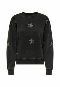 Felpa nera con maniche lunghe, caratterizzata da motivi di stelle argentate realizzati in strass. Tessuto morbido, polsini a costine e collo a girocollo classico.