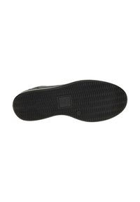 Black rubber shoe sole with a textured grip pattern. Features a raised logo and curved shape, designed for comfort and traction.