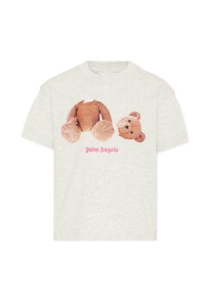 Maglietta grigio chiaro con grafica di un orsetto decapitato e testo "Palm Angels" rosa sotto l'orsetto.