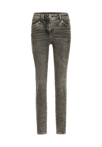 Slim-fit vervaagde zwarte denim jeans met een knoop aan de voorkant, rits en vijf-pocket ontwerp, weergegeven tegen een witte achtergrond.