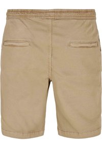 Shorts in cotone beige con vita elasticizzata, due tasche posteriori e dettagli cuciti lungo le cuciture. Tessuto liscio, design casual.