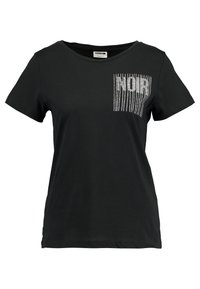 Black cotton t-shirt featuring short sleeves, a rounded neckline, and a silver "NOIR" graphic with vertical stripes on the chest pocket.