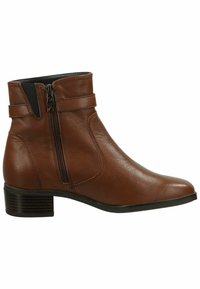 Hnědá kožená kotníková bota se bočním zipem, elastickou vložkou, zakulacenou špičkou a nízkým podpatkem. Hladký povrch s minimálním zdobením.