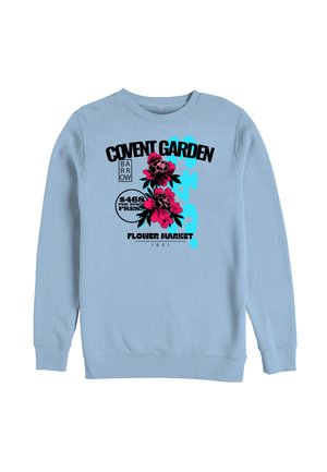 Jasnoniebieska bluza z napisem graficznym „Covent Garden Flower Market” i dwoma jasno różowymi kwiatami na środku.