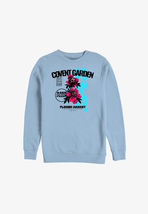 Light blue sweatshirt with graphic text "Covent Garden Flower Market" and two bright pink flowers in the center.