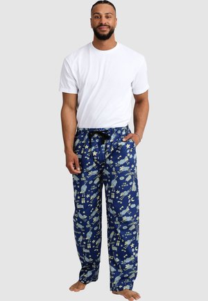 Navyblaue Schlafanzughosen mit einem verspielten Muster, das Sterne, Wolken und Text zeigt. Hergestellt aus weichem Stoff, mit einem elastischen Bund und einer Kordel zum Verstellen.