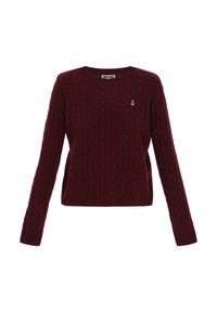 Burgunderfarbener Kabelstrickpullover mit langen Ärmeln, Rundhalsausschnitt und kleinem Ankerlogo auf der linken Brust. Weiche Textur, geripptes Bündchen und Ärmelabschlüsse.