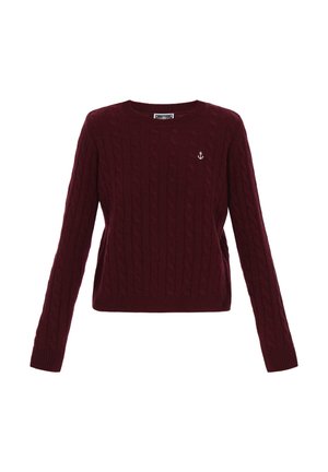 Burgunderfarbener Kabelstrickpullover mit langen Ärmeln, Rundhalsausschnitt und kleinem Ankerlogo auf der linken Brust. Weiche Textur, geripptes Bündchen und Ärmelabschlüsse.