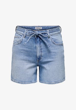 Heledad sinised teksapüksid, millel on sidumisvöö, kaks esikot ja sirge lõige. Kangas on peene tekstuuriga ning sellel on pleekinud alad.