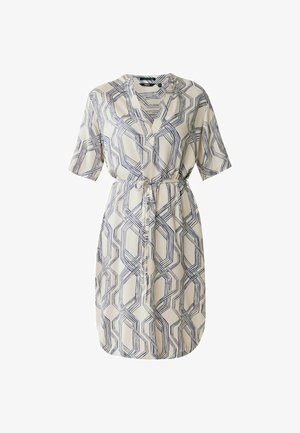 Vestido de manga corta en tejido ligero con un patrón geométrico en azul y crema, escote en V y una cintura con lazo para ajuste.