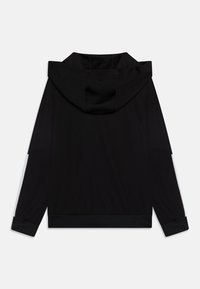 Must mustriga kapuutsiga särk elastsete mansettide ja äärtega, millel on kontrastsed valged küljetriibud ja sile kangatekstuur.