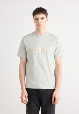 Light gray t-shirt with ribbed crew neckline, featuring beige embroidered "BARBOUR INTERNATIONAL" text across the chest.