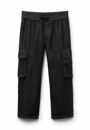 Zwarte cargobroek van denim, met een elastische tailleband met trekkoord, twee zijzakken en twee opgestikte zakken op de dijen.