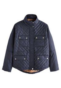 Marineblau gesteppte Jacke mit hohem Kragen, Druckknopfverschluss, zwei Fronttaschen und Innenfutter mit Leopardenmuster. Hergestellt aus synthetischem Material, gepolsterte Ausführung.