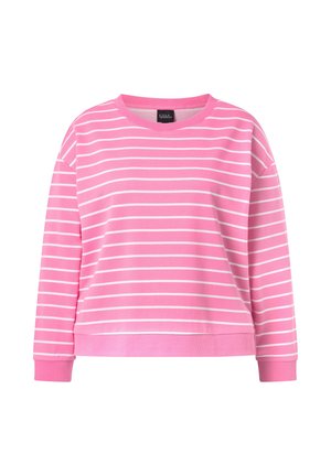 Rosa langärmliges Sweatshirt mit weißen horizontalen Streifen, gerippten Bündchen und Saum sowie einem Rundhalsausschnitt.