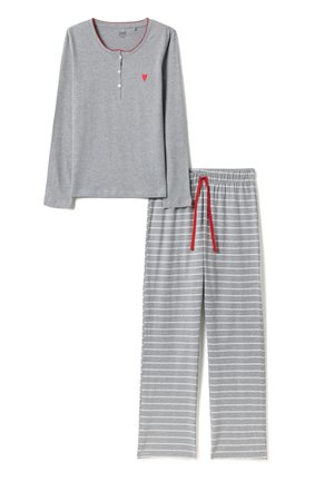 Light grey long-sleeve pajama top with red trim and heart detail, paired with grey and white striped pants with red drawstring.