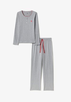 Light grey long-sleeve pajama top with red trim and heart detail, paired with grey and white striped pants with red drawstring.