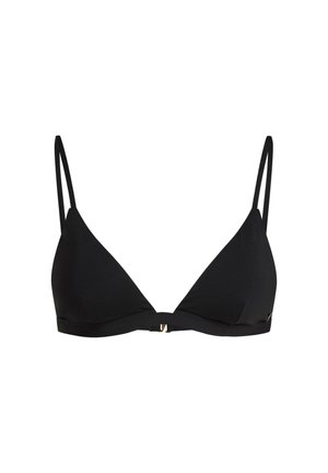Haut de bikini triangle noir avec fines bretelles réglables, une fermeture en métal doré à l'avant et une texture de tissu lisse.