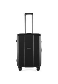 Maleta rígida negra con un diseño rectangular elegante, asa extensible, cuatro ruedas y sutiles acentos de líneas horizontales.