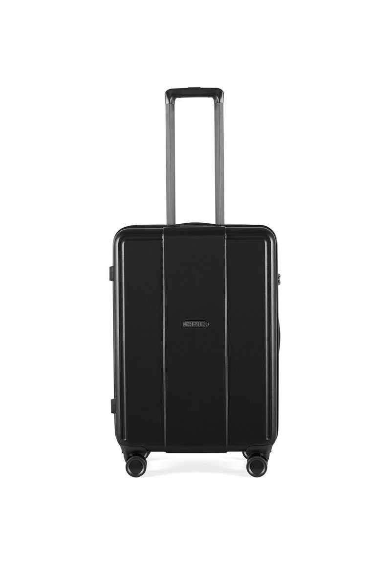 Maleta rígida negra con un diseño rectangular elegante, asa extensible, cuatro ruedas y sutiles acentos de líneas horizontales.