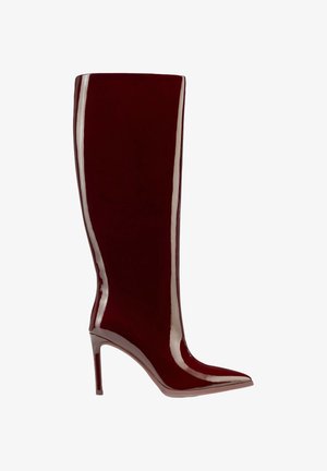 Shiny burgundy knee-high stiletto boot with pointed toe and slim high heel, sleek smooth finish.