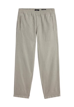 Jasnoszare, luźne spodnie z elastycznym pasem i dwoma bocznymi kieszeniami. Gładka tekstura i lekko zwężane nogawki.