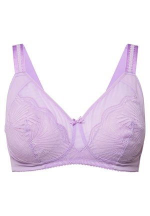 Reggiseno lilla con dettagli in pizzo, spalline regolabili e una texture liscia. Il fiocco centrale aggiunge un tocco delicato al design.