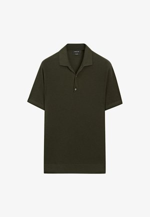 Kurzärmliges Polohemd in Dunkelolivgrün, mit einer Knopfleiste, einem entspannten Kragen und gerippten Säumen mit einer glatten Textur.
