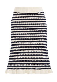 Randig stickad kjol med växlande marinblå och krämvita horisontella ränder. Har en ribbad midja och en utsvängd fåll med en volangkant.