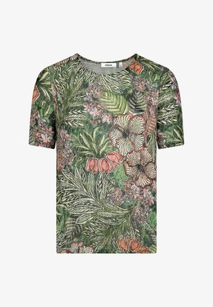 Kurzarmhemd mit grünem Blumenmuster und pinken sowie weißen Blumen, aus leichtem Stoff gefertigt und mit rundem Ausschnitt.