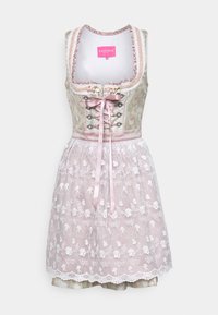 Tradycyjny strój z koronkową górą w kwiatowy wzór w zieleni i różu, zdobiony koronkowymi akcentami oraz przezroczystą różową spódnicą ozdobioną haftowanymi różami.