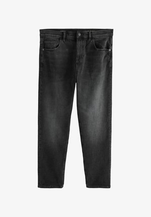 Melnas izbalējušas taisnas bikses ar priekšējām un aizmugurējām kabatām, jostas cilpām un pogas aizdari.