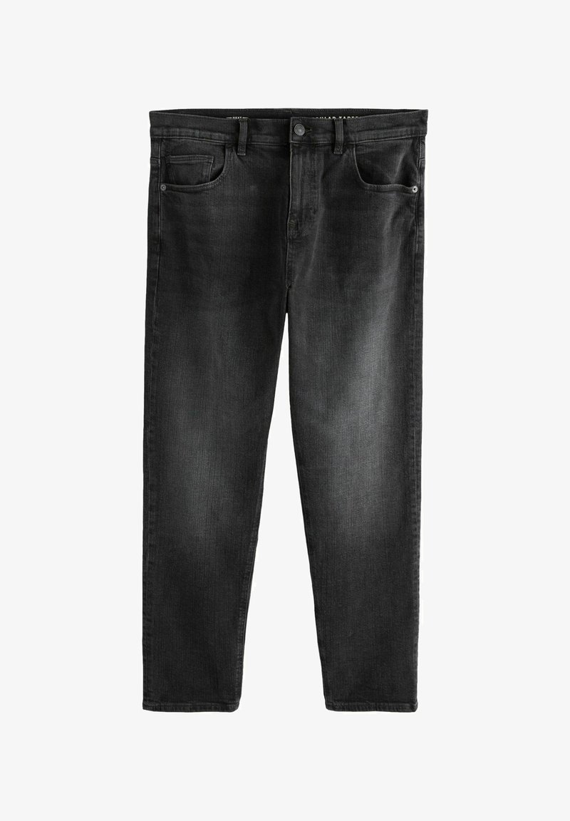 Zwarte, vervaagde, rechte jeans met voor- en achterzakken, riemlussen en knoopsluiting.