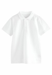 Biała koszulka polo uszyta z teksturowanej tkaniny, z kołnierzykiem, krótkimi rękawami i trzema guzikami. Prosty i klasyczny design.