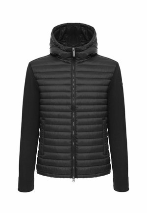 Črna prešita jakna s podloženim sprednjim delom in kapuco, pletene rokave, dva sprednja žepa in popolna zadrga.