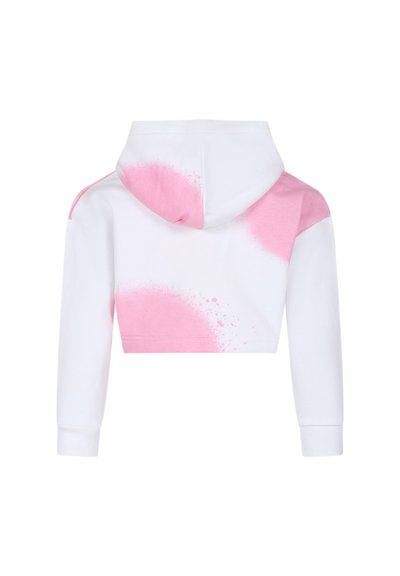 Felpa corta in cotone bianco con dettagli in vernice rosa sulle spalle e sul cappuccio. Presenta polsini a coste e tasca a marsupio.
